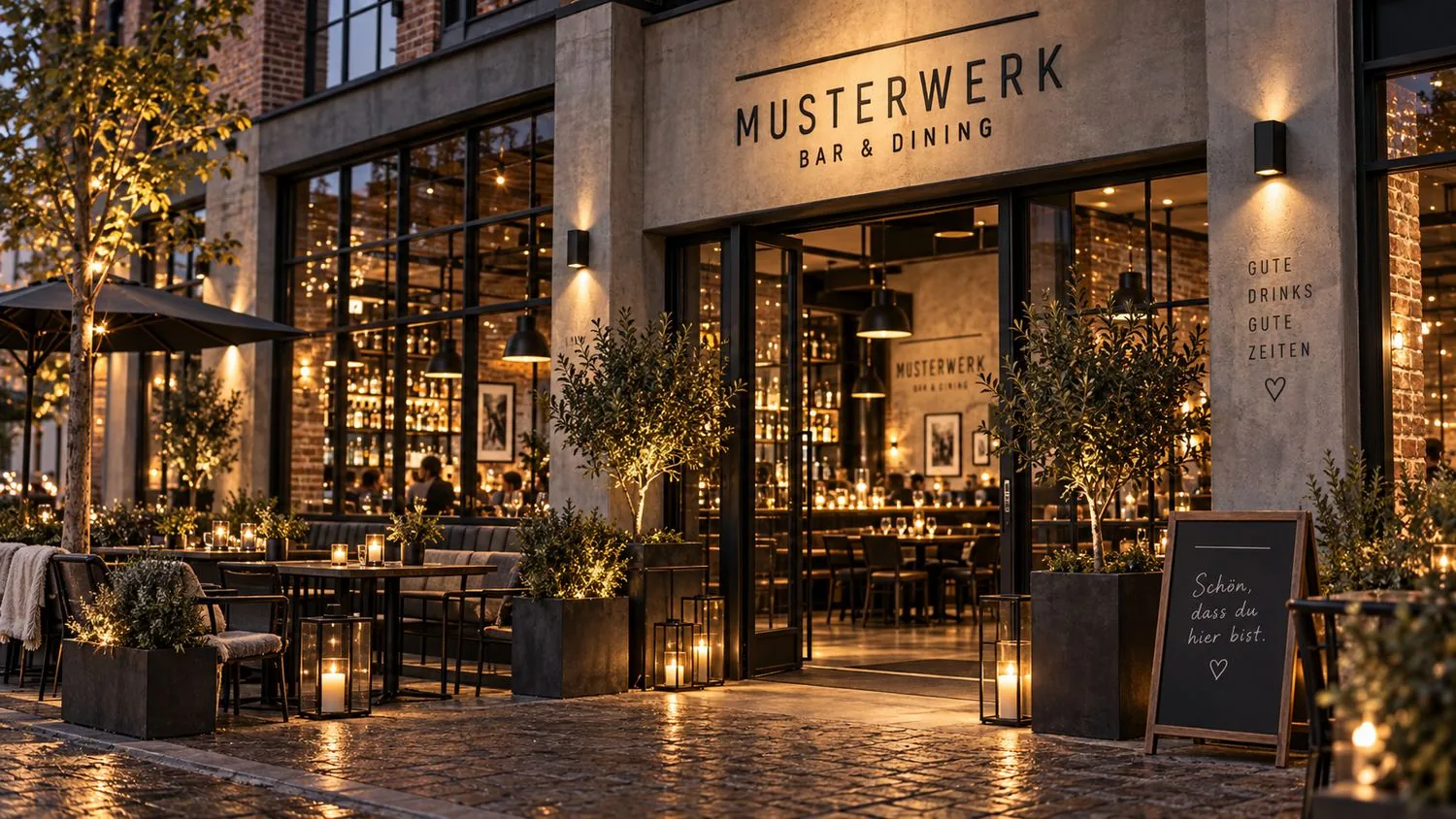 Außenansicht des MUSTERWERK am Abend