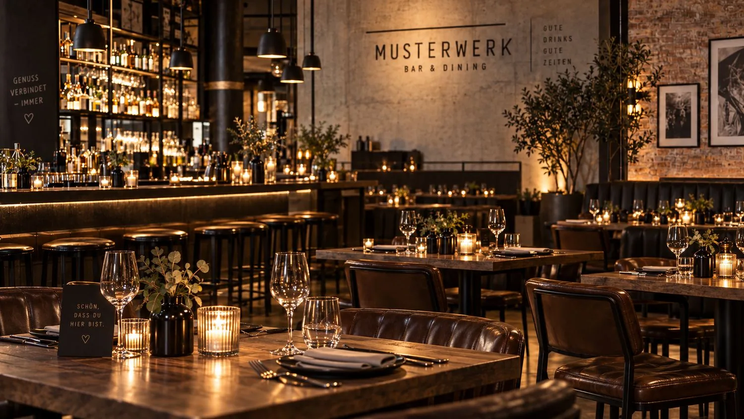 Gastraum des MUSTERWERK Bar & Dining bei Kerzenlicht