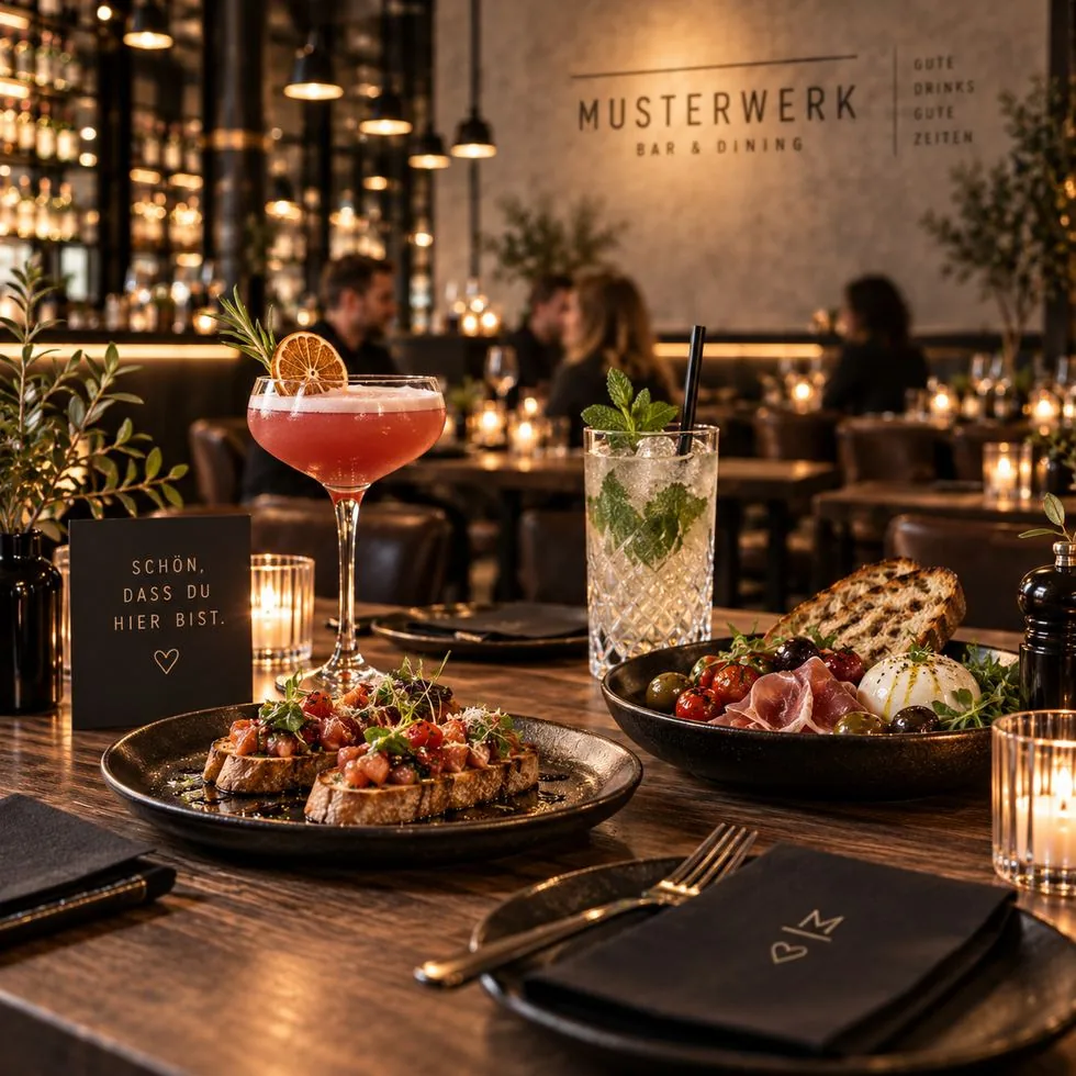 Gedeckter Tisch mit Vorspeisen und Drinks