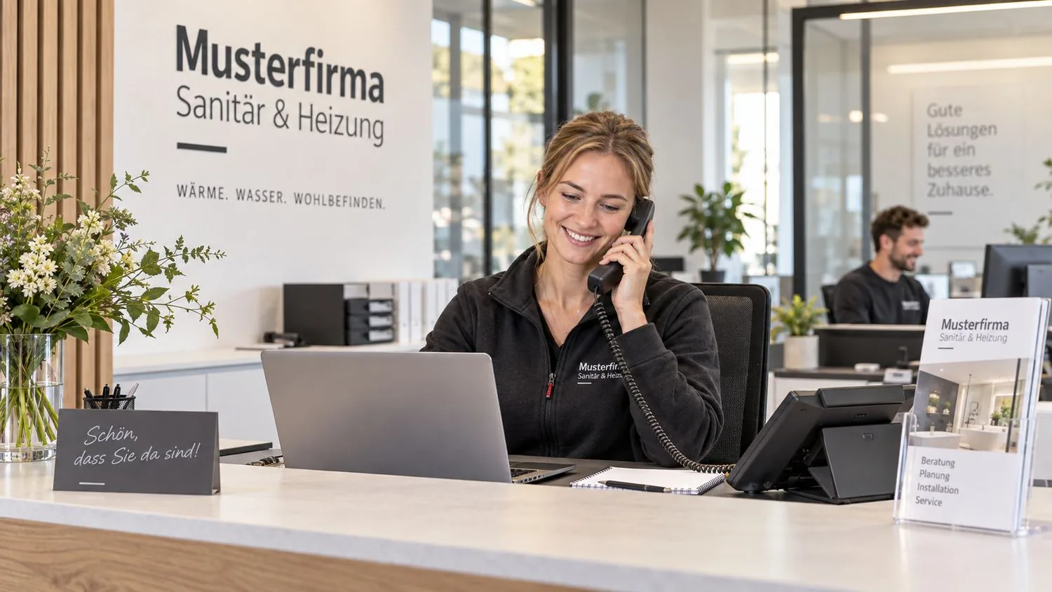 Mitarbeiterin am Empfang der Musterfirma nimmt eine Terminanfrage telefonisch entgegen