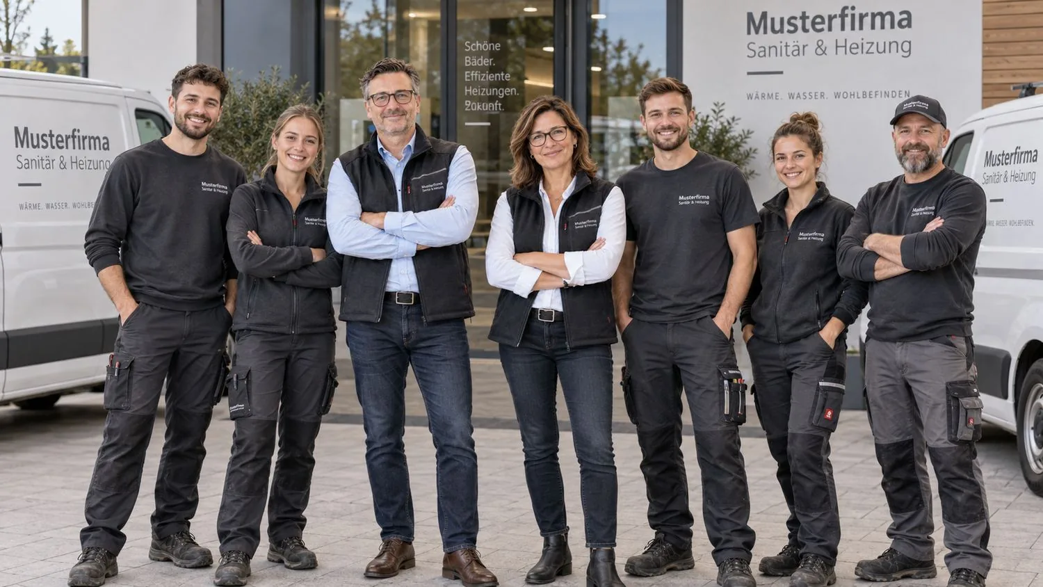 Das Team der Musterfirma Sanitär & Heizung vor dem Firmengebäude