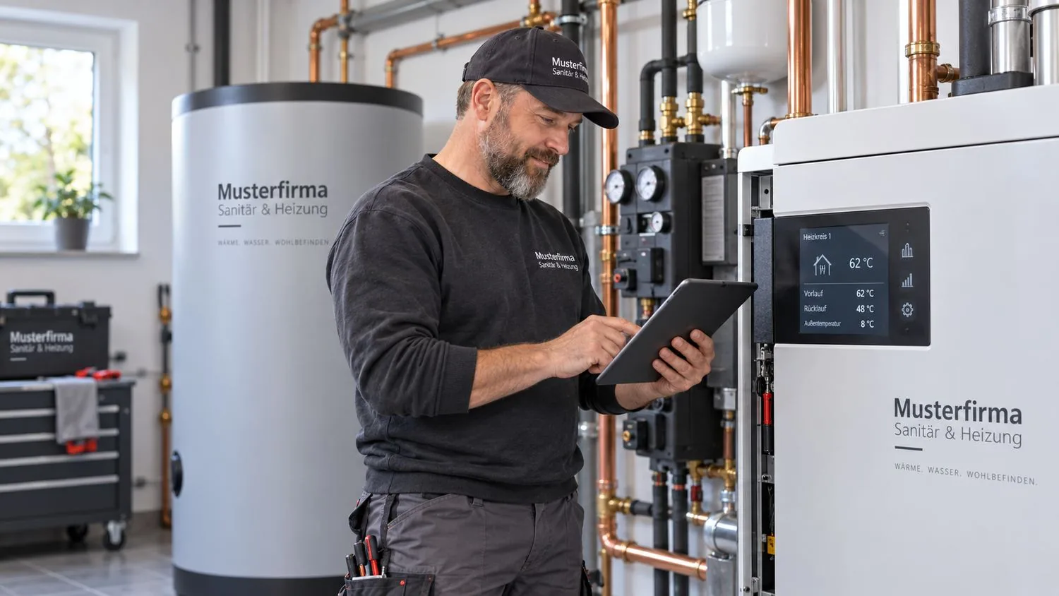 Servicetechniker liest Betriebsdaten einer Heizungsanlage am Tablet aus