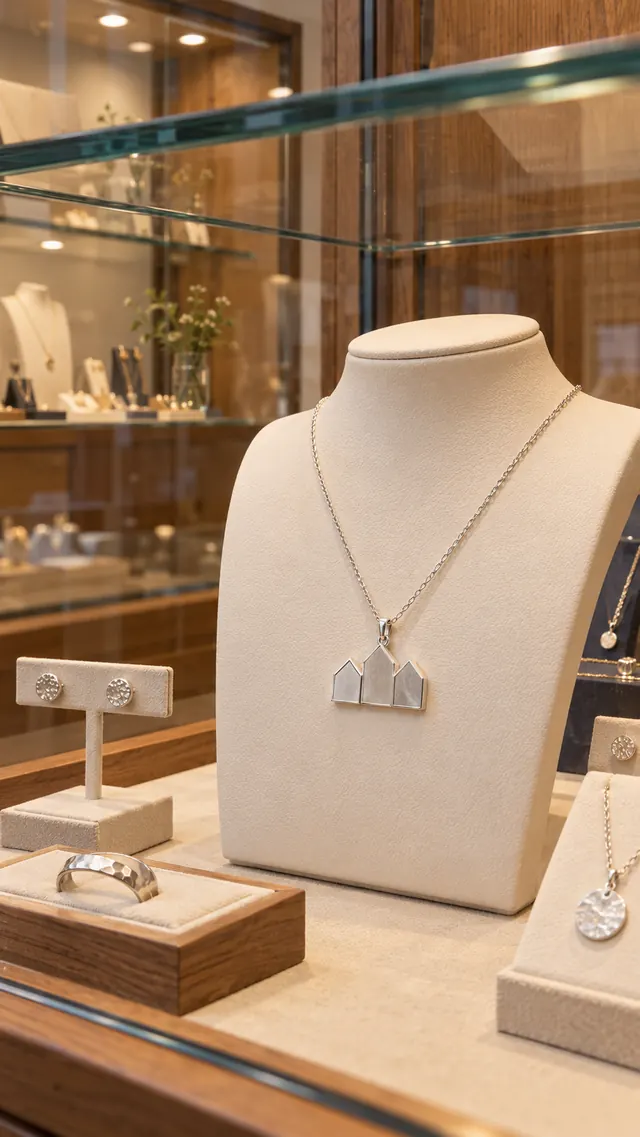 Silberanhänger mit drei Dachgiebeln an einer feinen Kette in der Vitrine.