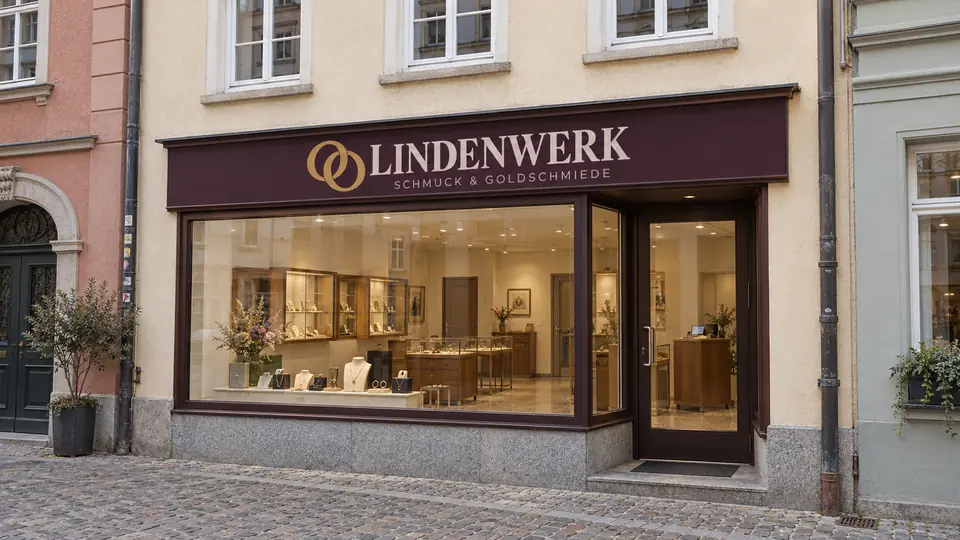 LINDENWERK mit Schaufenster und Eingang in einer gepflasterten Altstadtgasse.