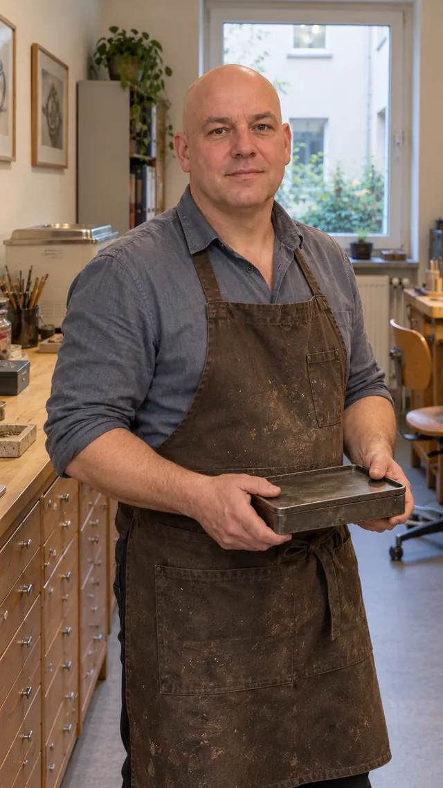 Bastian Mustermann, Goldschmied, in der Werkstatt.