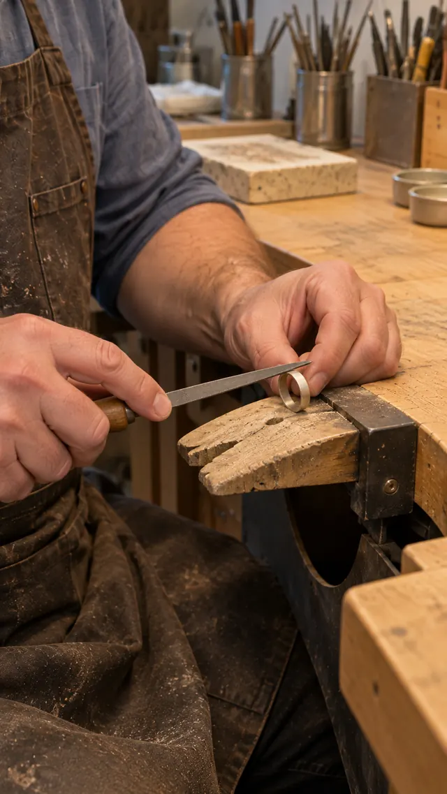 Hände beim Feilen eines Ringrohlings am Feilnagel.