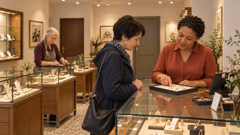 Mireille Musterfrau berät eine Kundin; Ottilie Musterfrau sortiert Schmuck im Hintergrund.