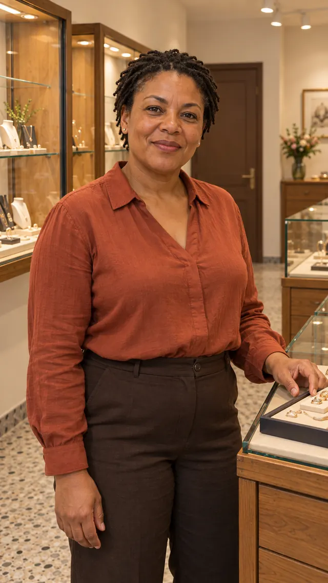 Mireille Musterfrau, Schmuckberatung und Warenorganisation, im Verkaufsraum.
