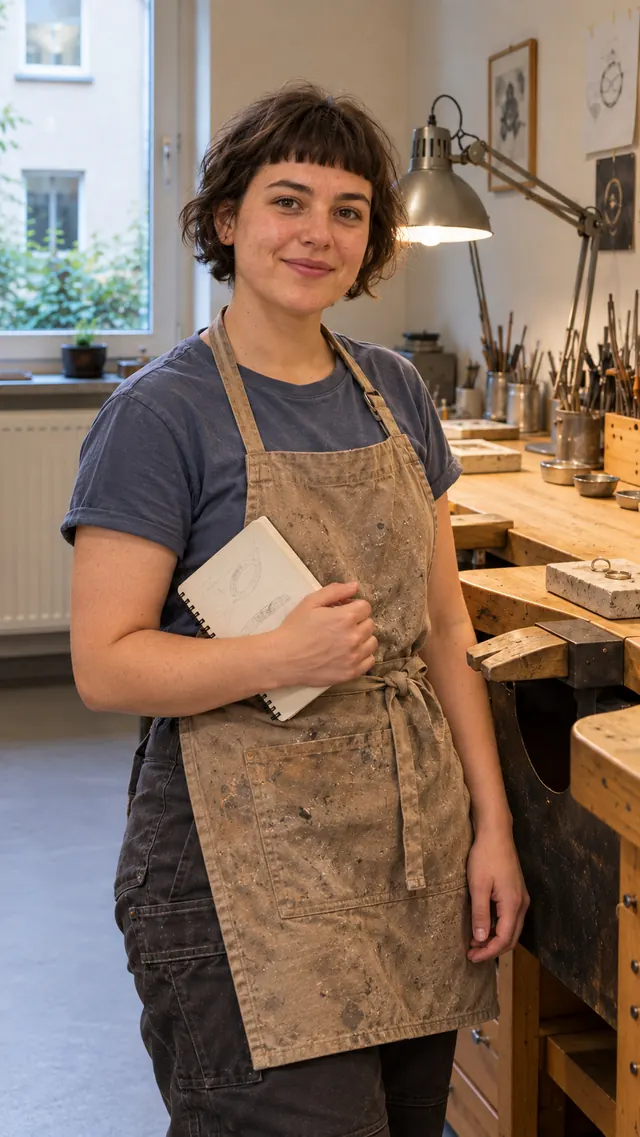 Nika Musterfrau, Auszubildende zur Goldschmiedin, mit Skizzenheft an der Werkbank.