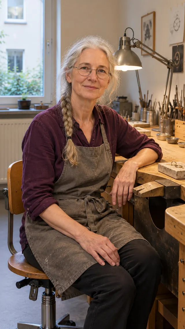 Ottilie Musterfrau, Inhaberin und Goldschmiedemeisterin, an ihrer Werkbank.