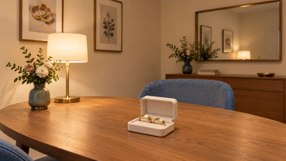 Zwei schlichte gelbgoldene Trauringe in einem offenen elfenbeinfarbenen Etui.