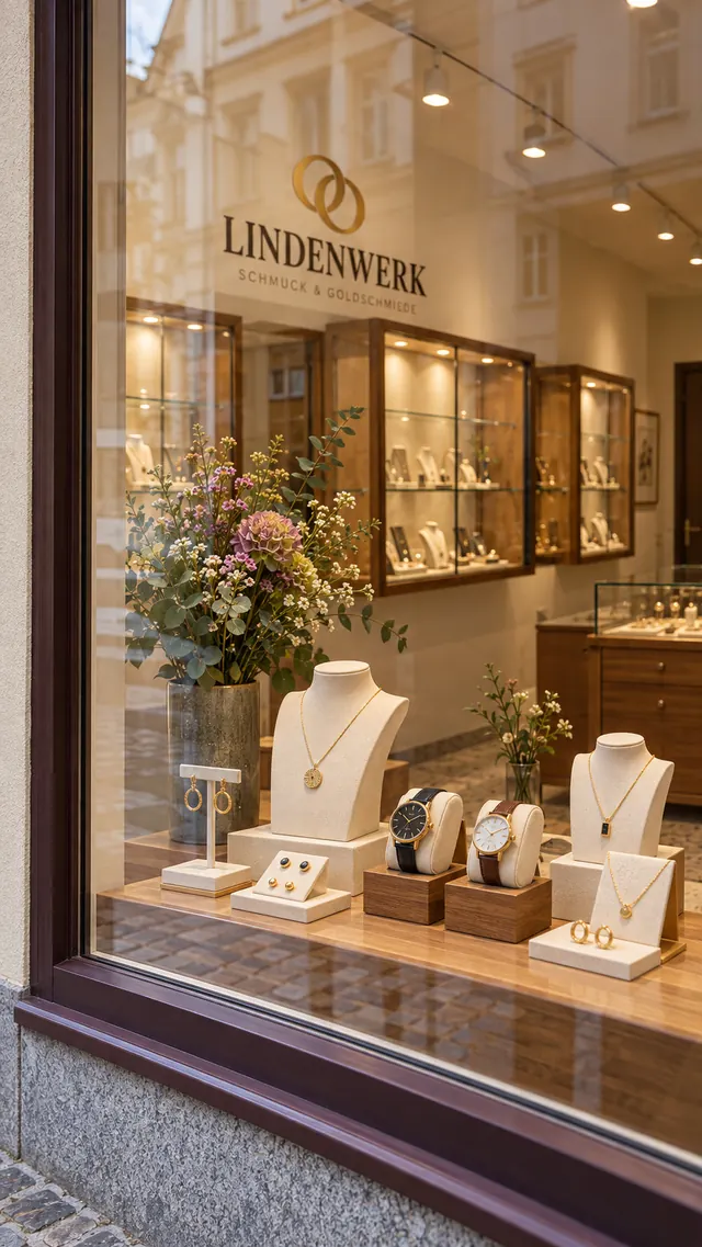 Schmuck und zwei Armbanduhren im Schaufenster von LINDENWERK.