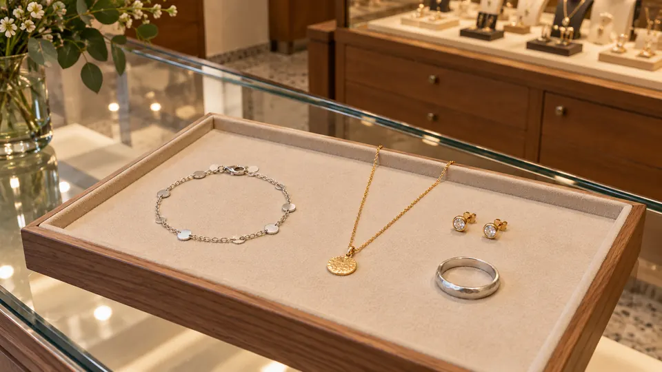 Silberarmband, Goldkette, Ohrstecker und Silberring auf einem Schmucktablett.