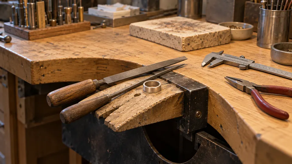 Feilen, Flachzange, Messschieber und Ringrohling an einem Goldschmiedewerkplatz.