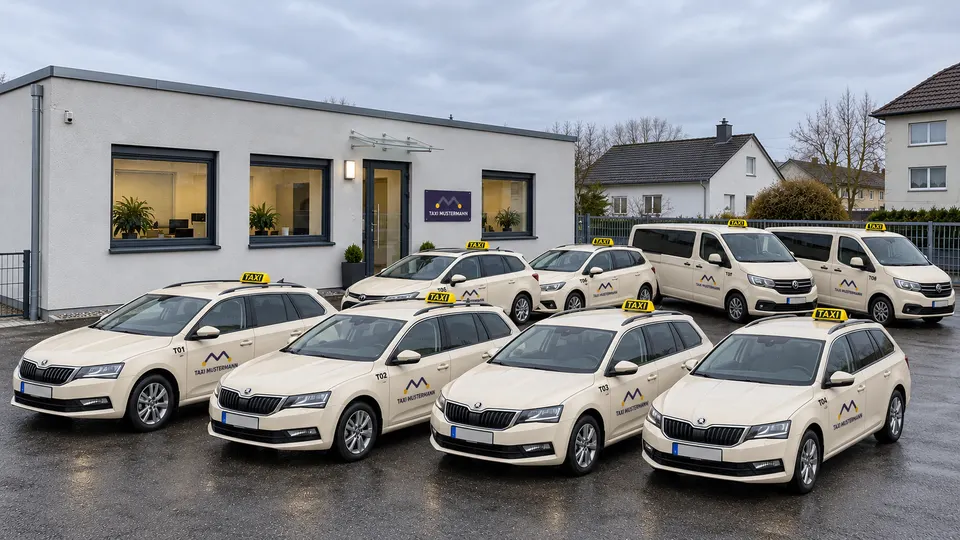 Acht elfenbeinfarbene Taxis stehen auf dem Betriebshof, darunter zwei Personen-Vans.