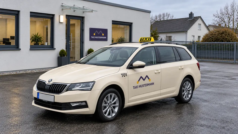 Elfenbeinfarbener Taxi-Kombi mit Dachschild und Firmenkennzeichnung auf dem Betriebshof.