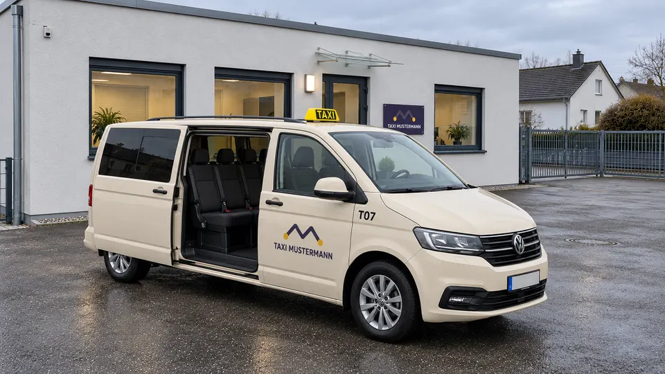 Großraumtaxi mit geöffneter rechter Schiebetür und sichtbarer Sitzbank.