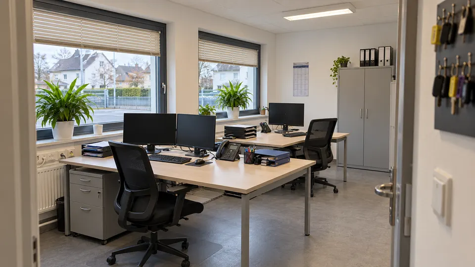 Büro mit zwei Arbeitsplätzen, drei Monitoren, Aktenschrank und Schlüsselboard.