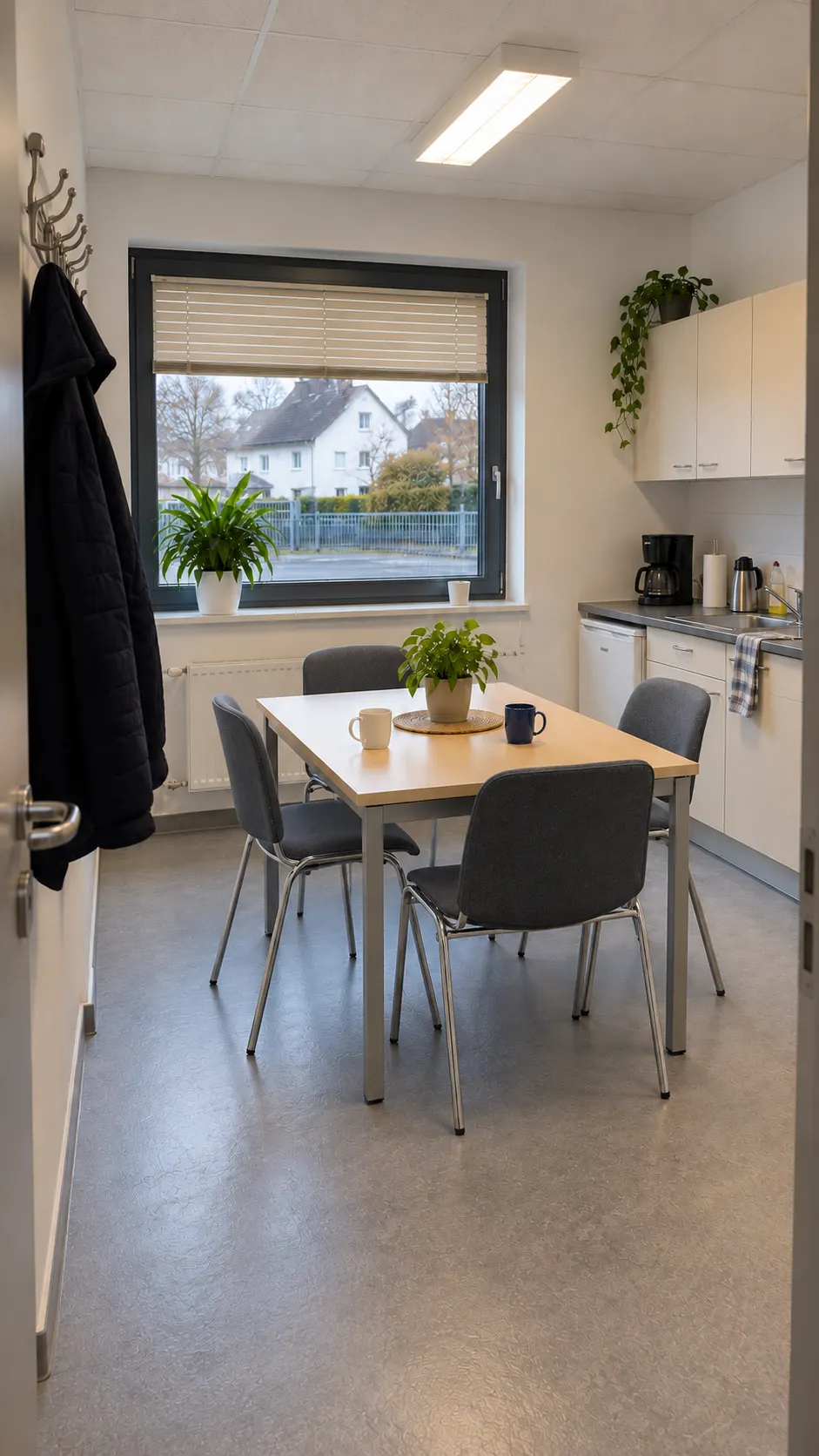 Kleiner Aufenthaltsraum mit Holztisch, vier einheitlichen grauen Stühlen und Küchenzeile.