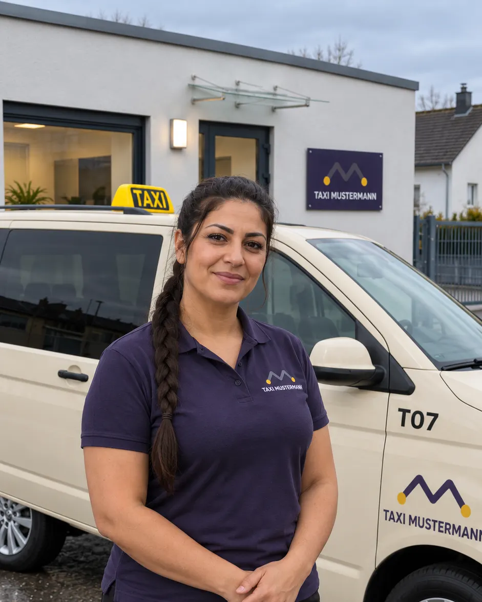 Porträt von Yasemin Musterfrau, Fahrerin bei Taxi Mustermann.
