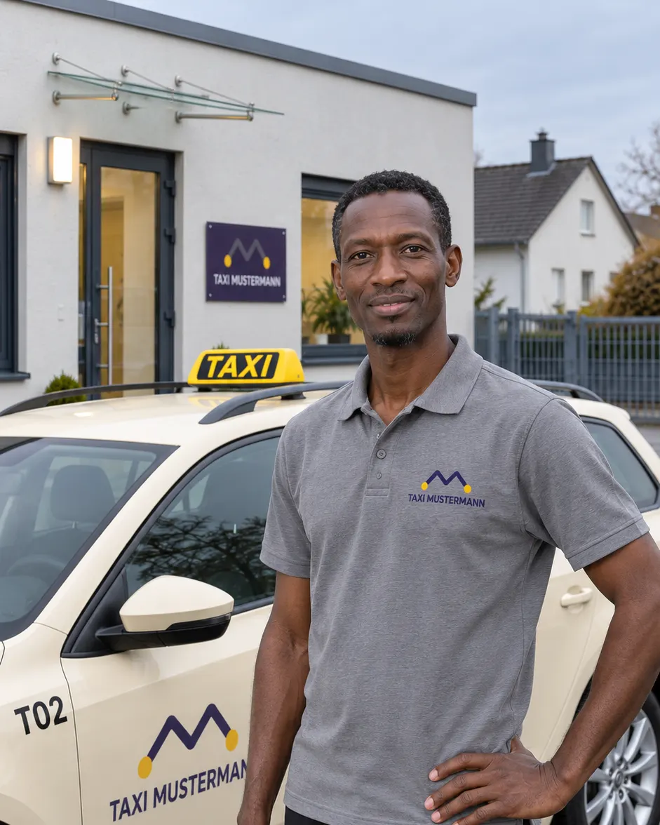 Porträt von Kwame Mustermann, Fahrer bei Taxi Mustermann.