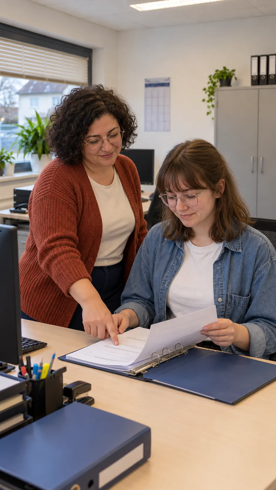 Selma zeigt Jette im Büro einen Abschnitt in geöffneten Unterlagen.