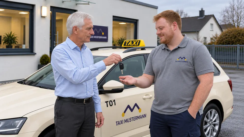 Holger übergibt Dennis neben einem abgestellten Taxi einen Schlüssel.