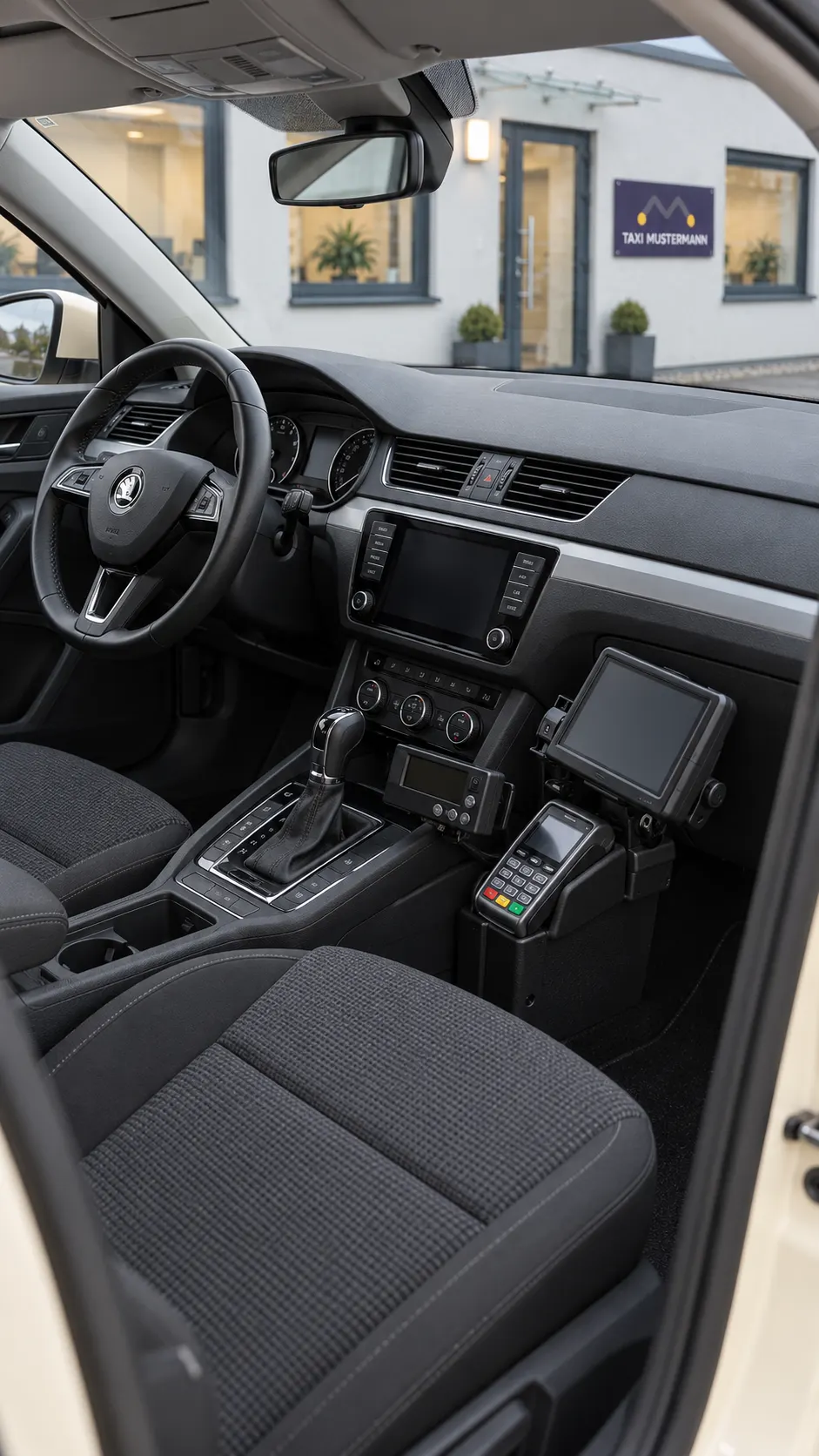 Taxi-Cockpit mit Lenkrad und befestigten Geräten bei abgestelltem Fahrzeug.