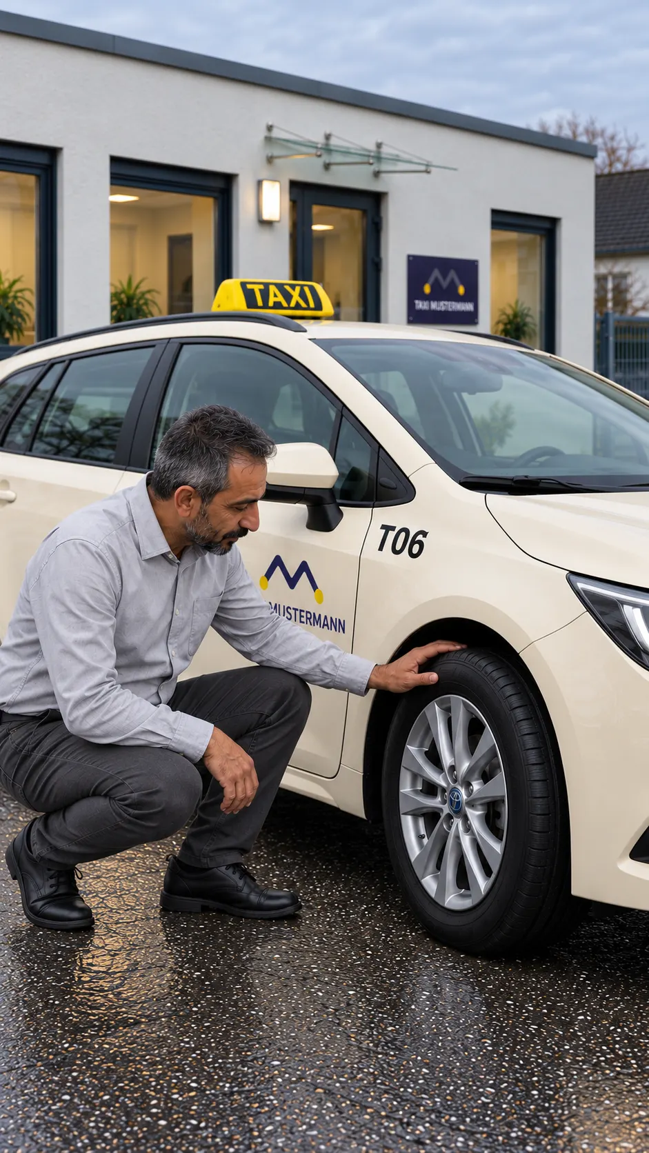 Farid hockt neben dem Vorderreifen eines Taxis und kontrolliert ihn.