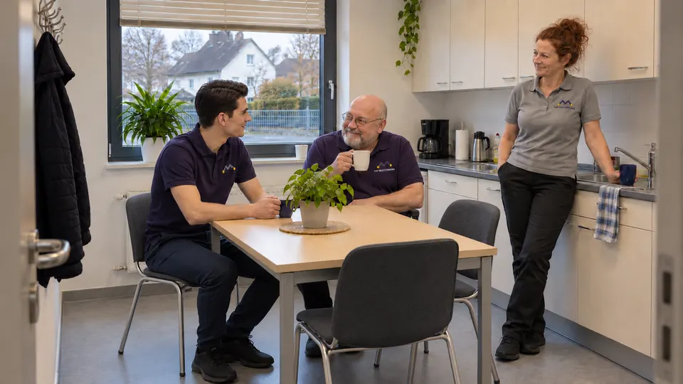 Milan und Rolf sitzen am Tisch, während Petra an der Küchenzeile steht.