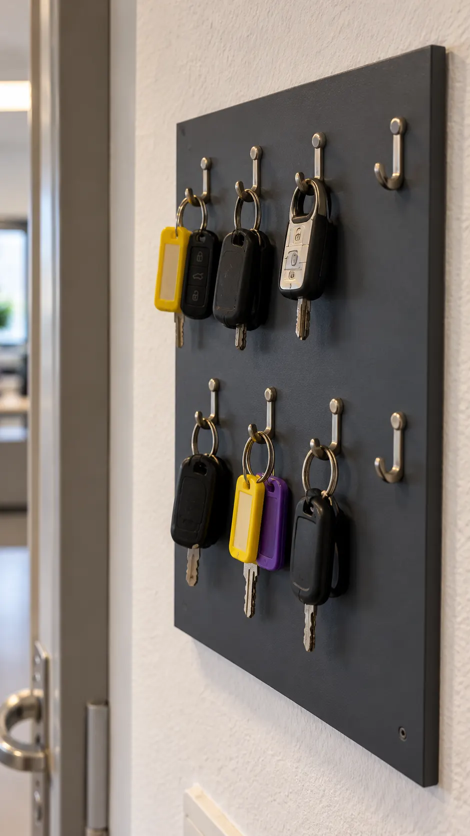 Schlüsselboard mit Fahrzeugschlüsseln und schlichten Anhängern im Büro.
