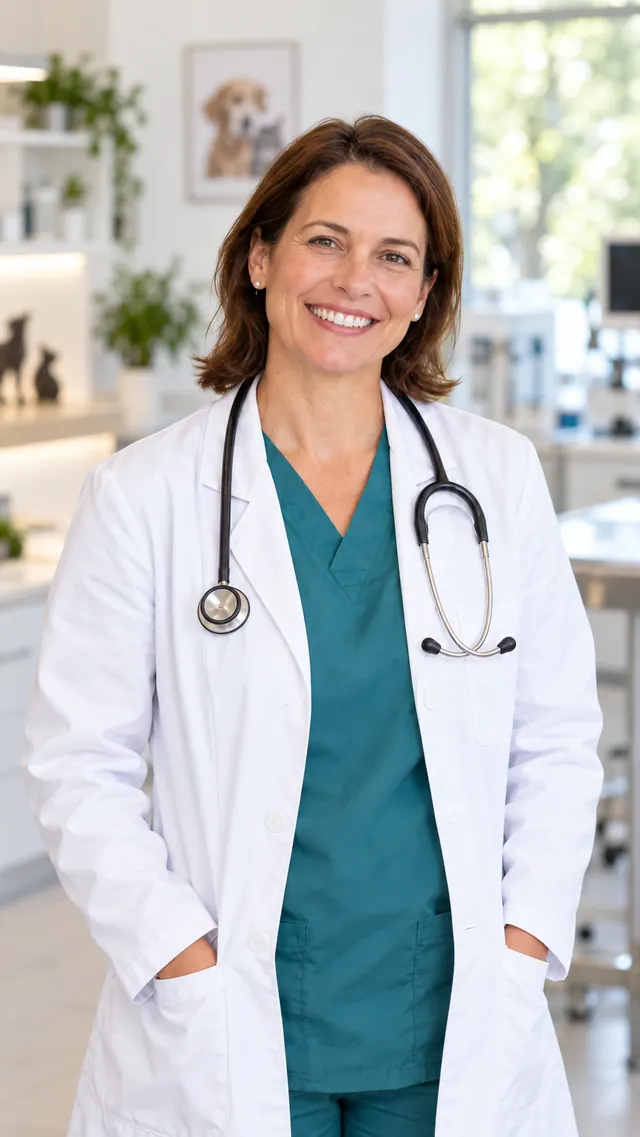 Dr. Anna Musterfrau in weißem Kittel und petrolfarbener Praxiskleidung