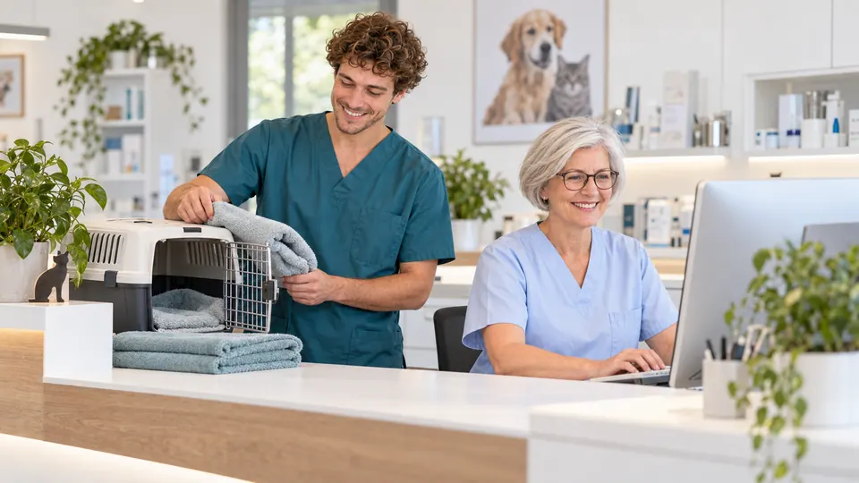 Ben Mustermann und Sabine Musterfrau bei der Arbeit am Empfang