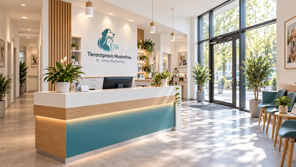 Weitläufiger heller Empfang der Tierarztpraxis Musterfrau