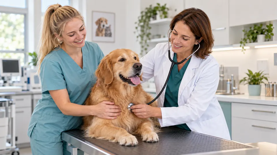 Dr. Anna Musterfrau untersucht mit Lisa Musterfrau einen Hund