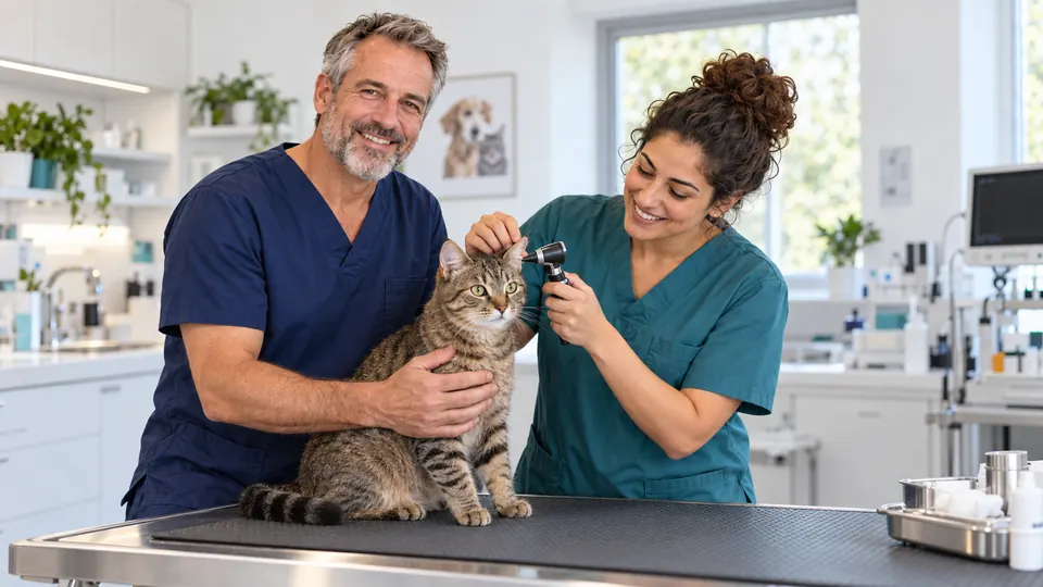Thomas Mustermann und Aylin Musterfrau betreuen eine Katze bei einer Ohruntersuchung