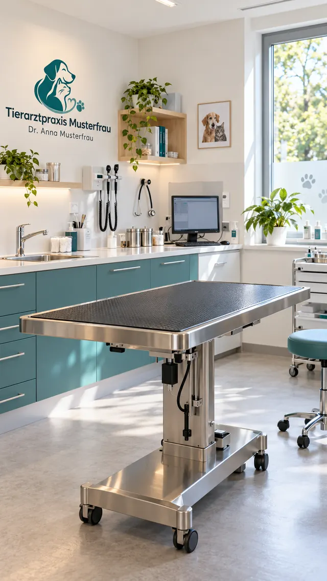 Untersuchungszimmer mit Edelstahltisch und hellen Schränken