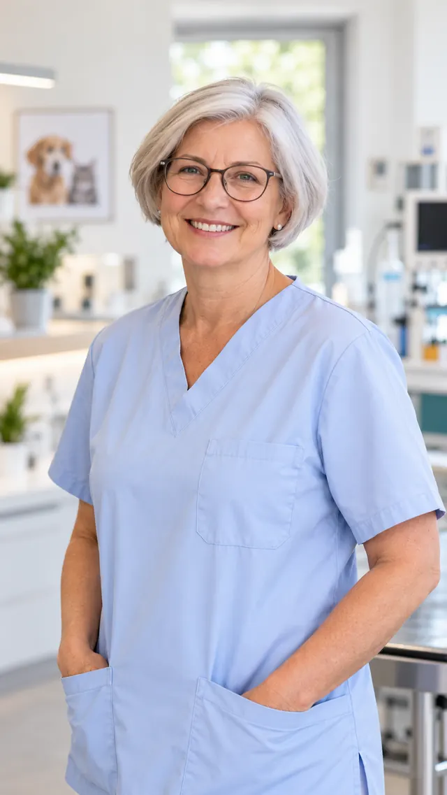 Sabine Musterfrau mit Brille in hellblauer Praxiskleidung