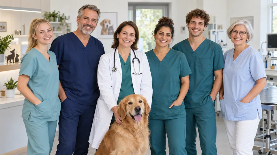 Das sechsköpfige Praxisteam mit einem Golden Retriever
