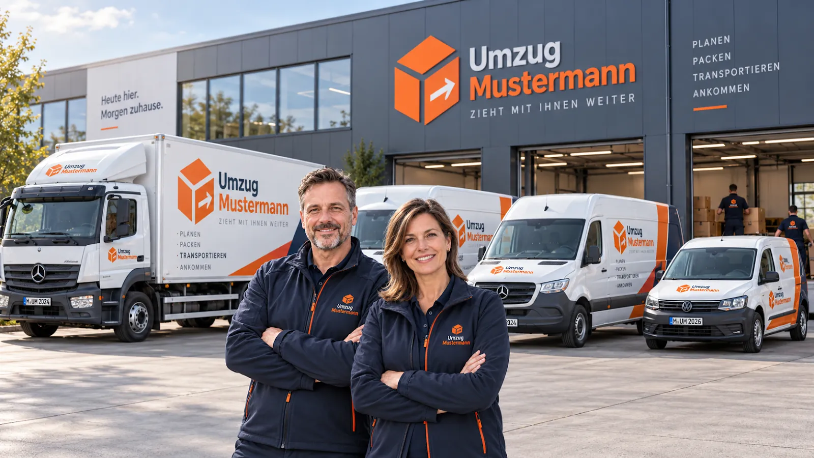 Geschäftsführung Max & Maria Mustermann vor Fuhrpark
