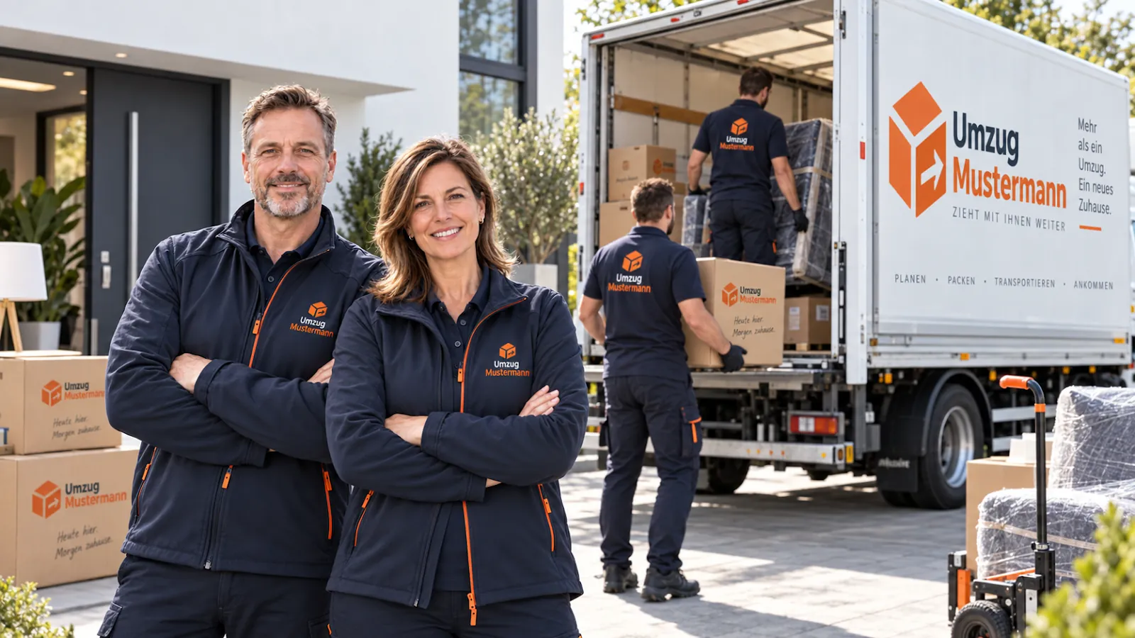 Max und Maria Mustermann vor dem Umzugswagen vor modernem Gebäude