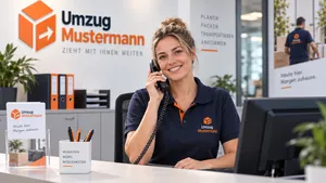 Freundliche Mitarbeiterin am Telefon an der Empfangstheke