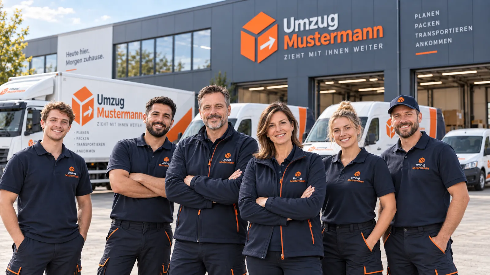 Der Fuhrpark von Umzug Mustermann mit LKWs, Transportern und gesamtem Team