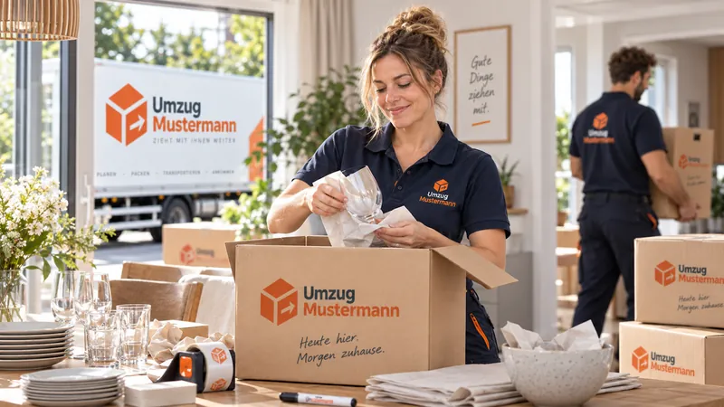 Sorgfältiges Einpacken von feinen Gläsern in Packseide und Umzugskartons durch Mustermann Mitarbeiterin