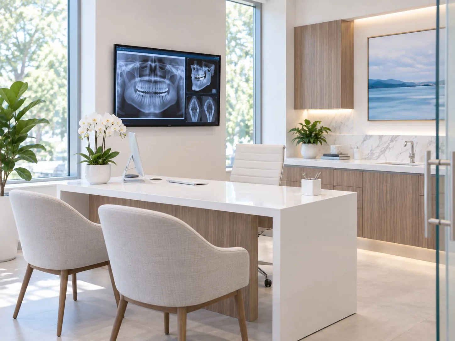 Digitales Beratungszimmer mit 3D-Röntgenaufnahme auf großem Wandschirm