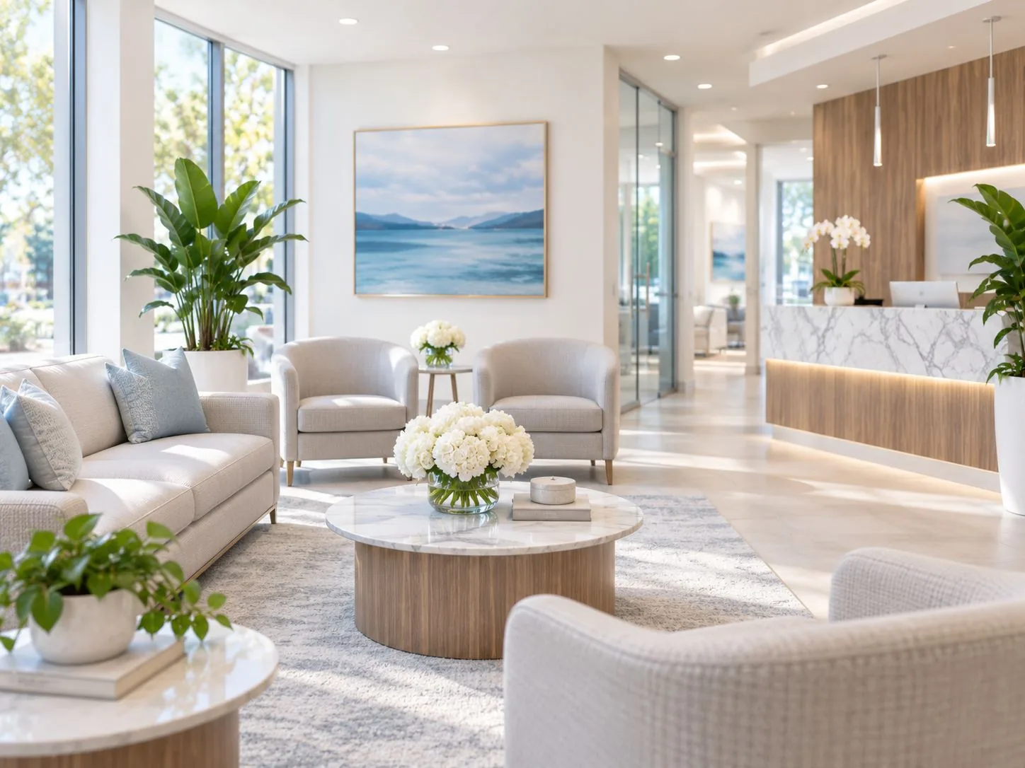 Wartelounge mit Sesseln, Sofa und viel Tageslicht