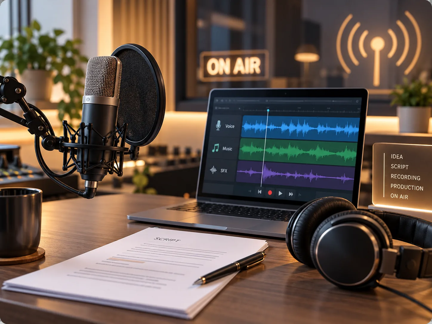 Tonstudio-Arbeitsplatz mit Mikrofon, Schnittprogramm und Skript
