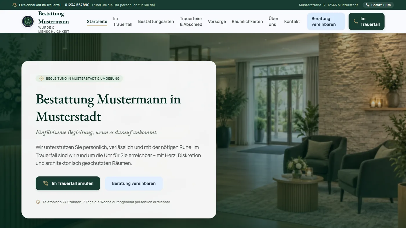 Zweite Musterseite eines Bestattungshauses, gestaltet von Greven Medien