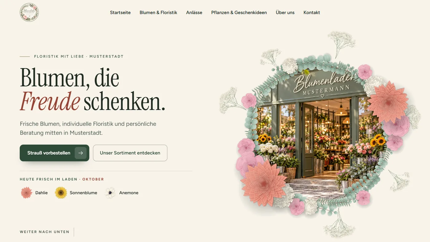 Musterseite eines Blumenladens, gestaltet von Greven Medien
