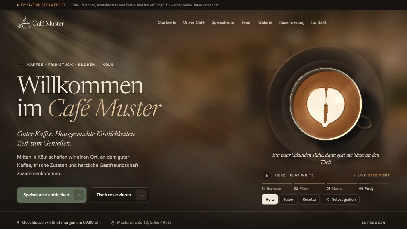 Musterseite eines Caf&eacute;s, gestaltet von Greven Medien